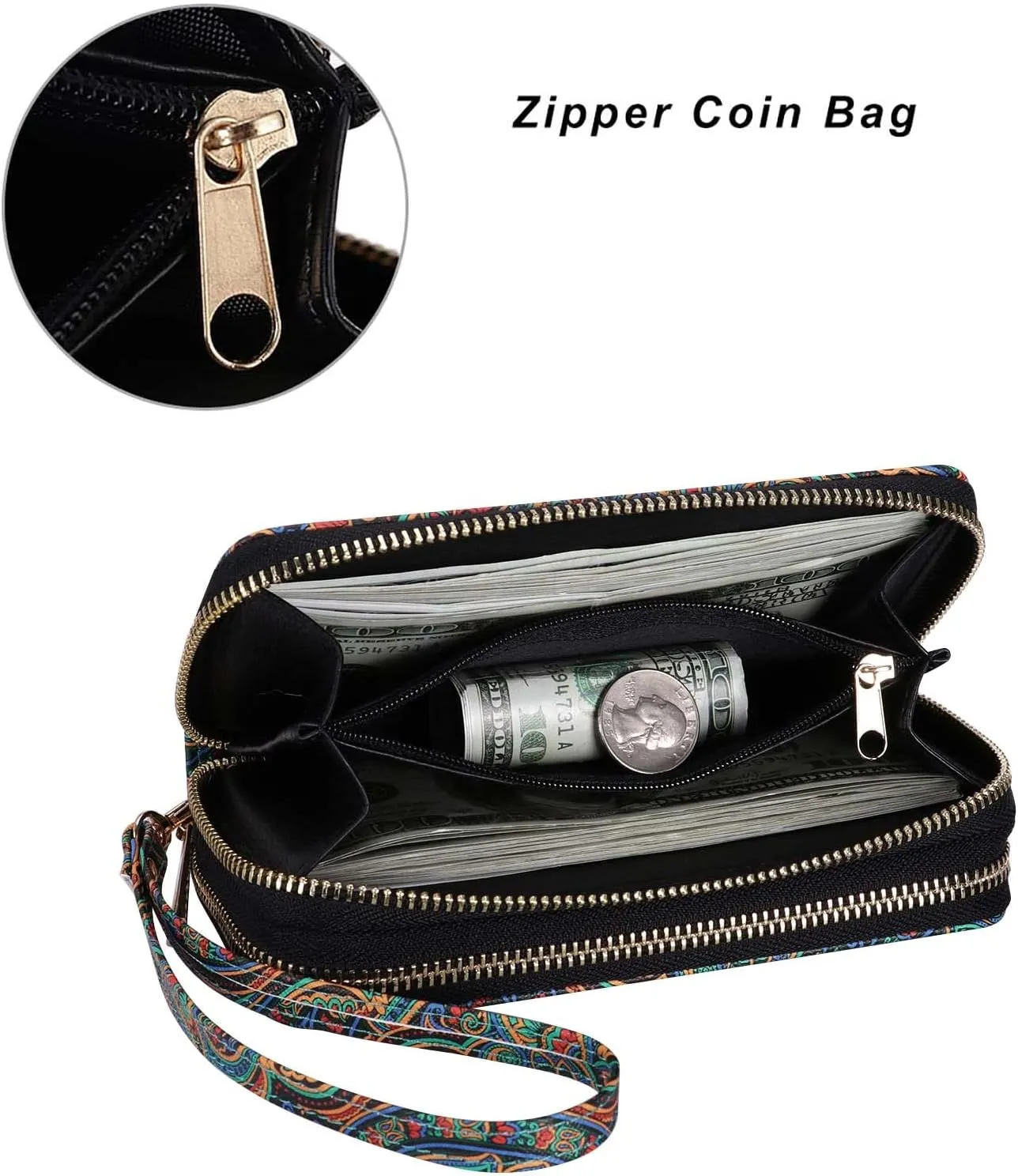 Cellphone Wallet for Women Dual Zipper Long Purse with Removable Wristlet