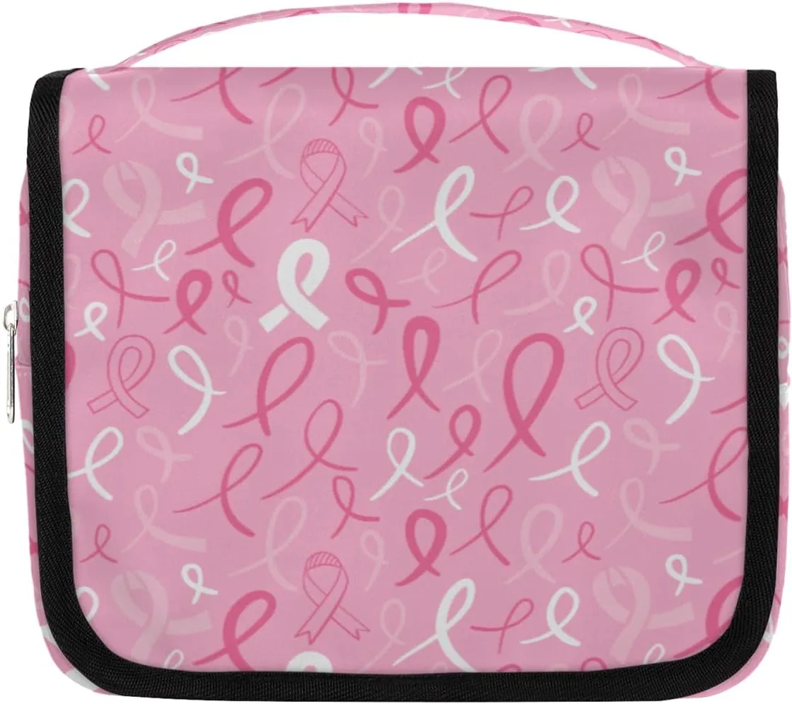 cfpolar Ribbons Travel Toiletry Bag with Hanging Hook, Breast Cancer Awareness Waterproof Toiletries Travel Bag for Women Men, Portable Makeup Bag Organizer, Hanging Travel Cosmetics Bag for Bathroom
