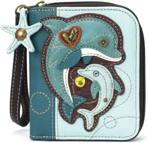 Chala Dolphin Vegan Leather Zip Around Wallet with Wristlet (Blue)