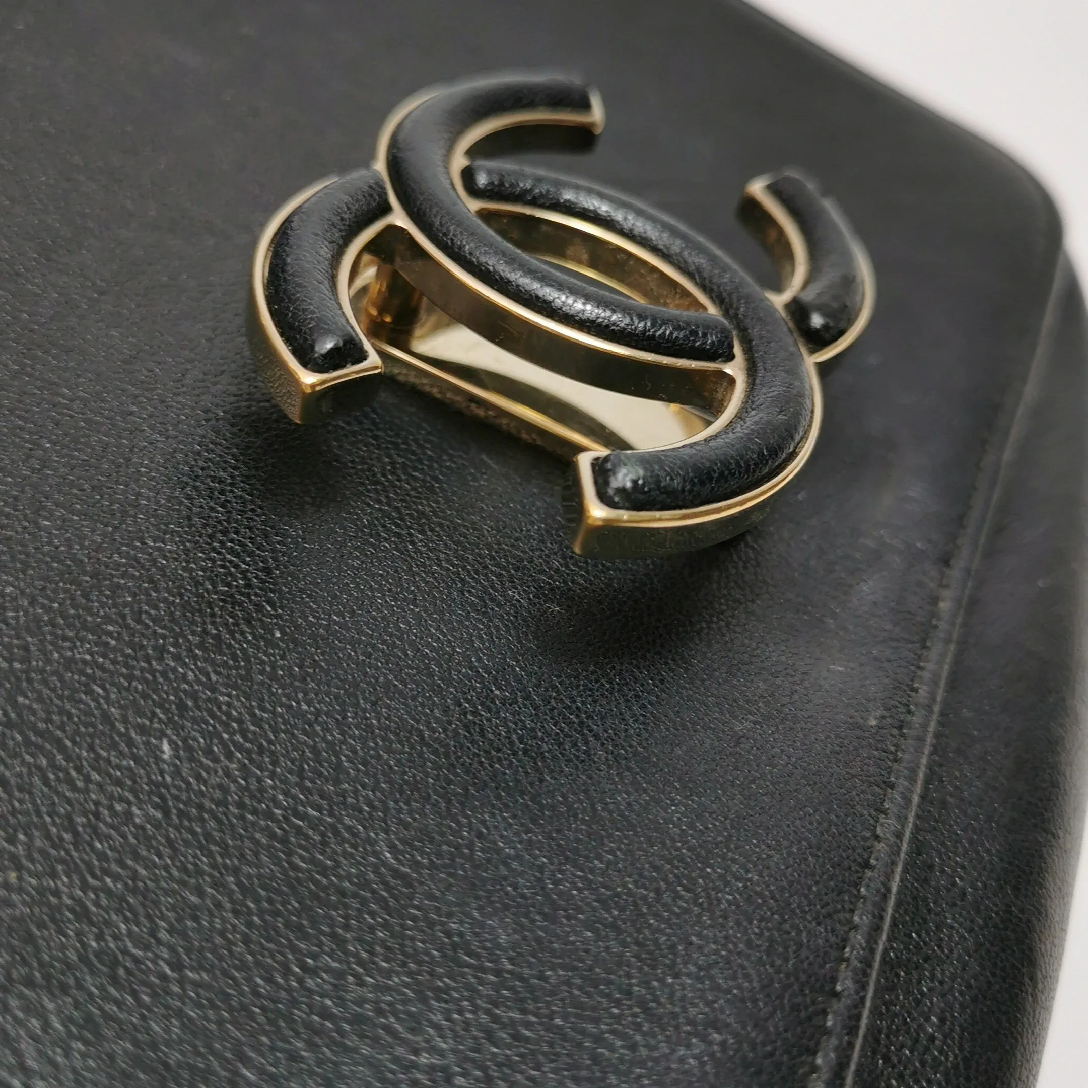 Chanel Chevron Subtle Flap Bag Black Gold Detail