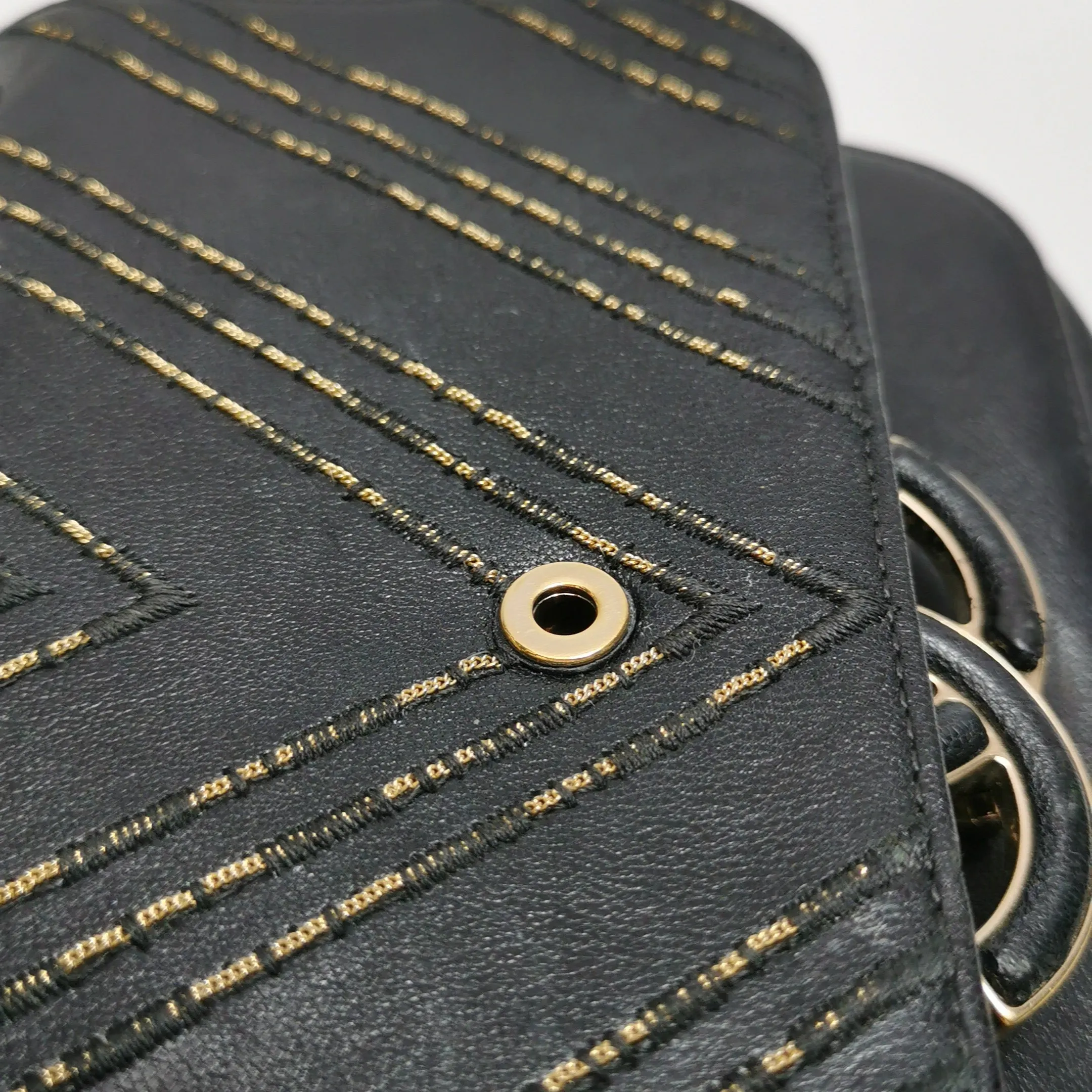 Chanel Chevron Subtle Flap Bag Black Gold Detail
