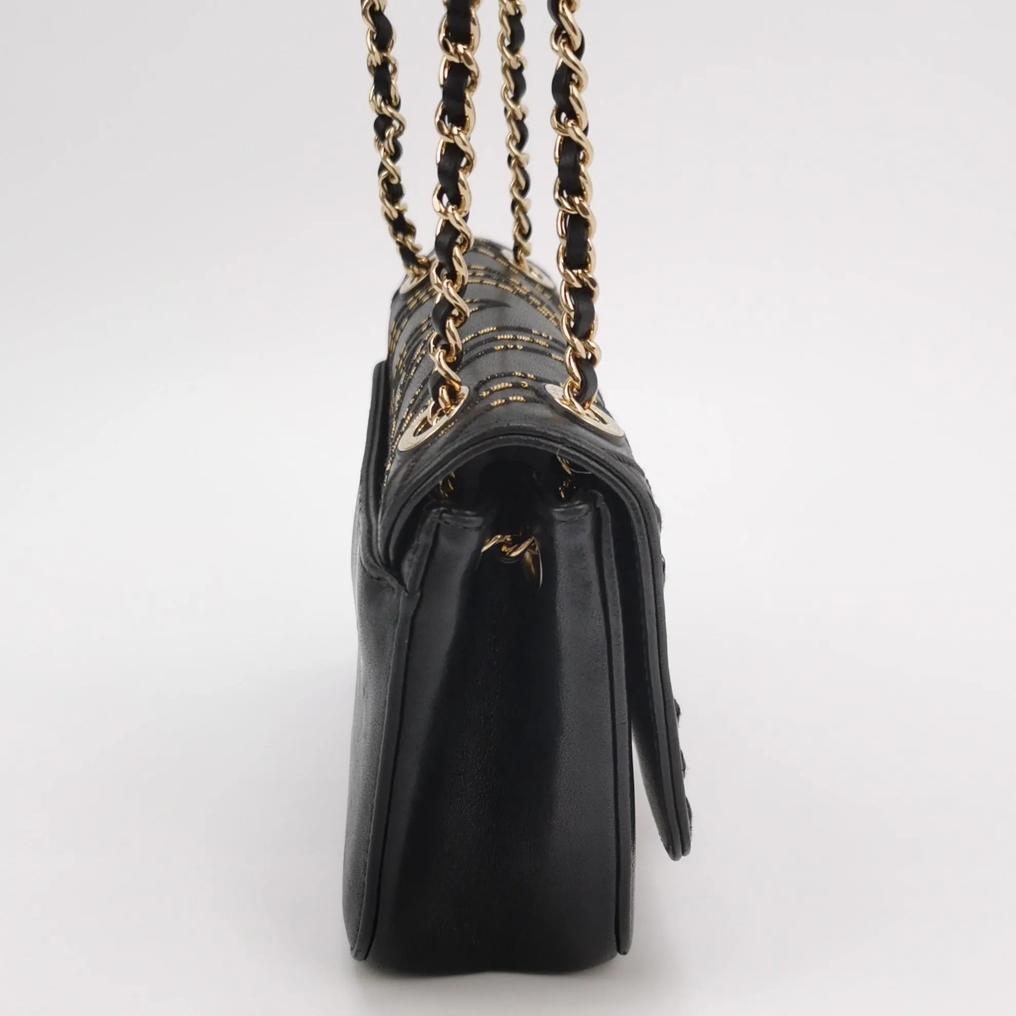 Chanel Chevron Subtle Flap Bag Black Gold Detail