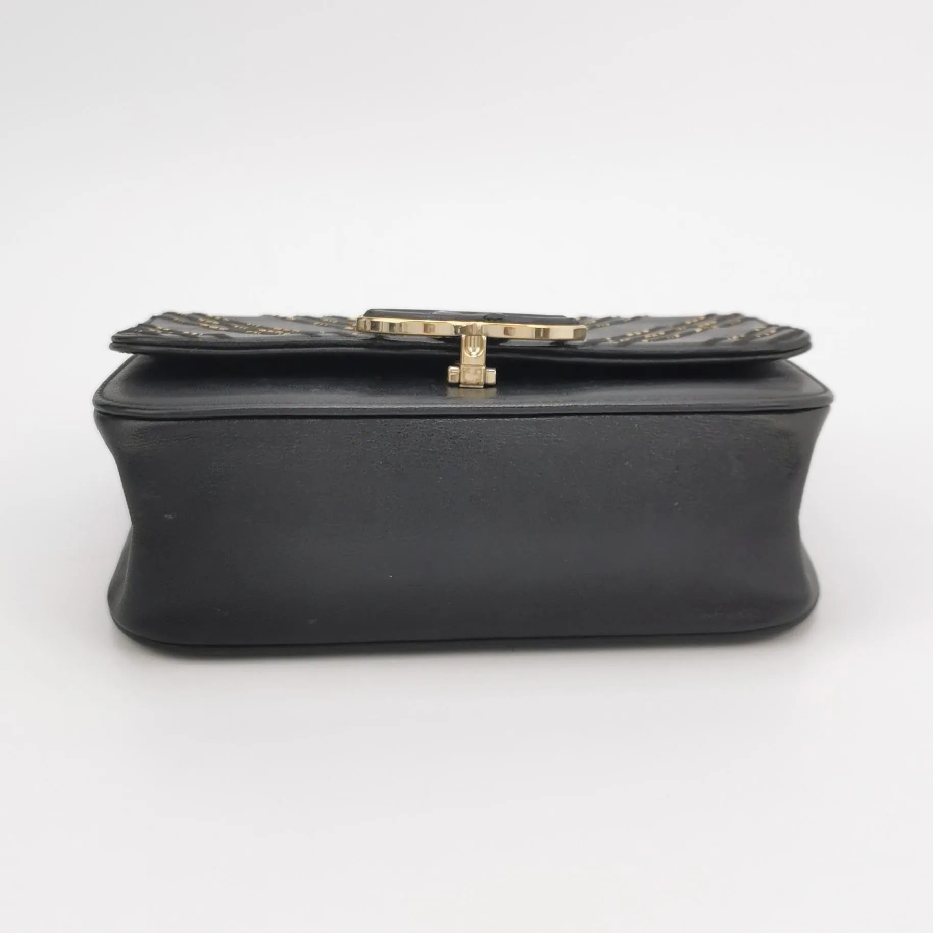 Chanel Chevron Subtle Flap Bag Black Gold Detail