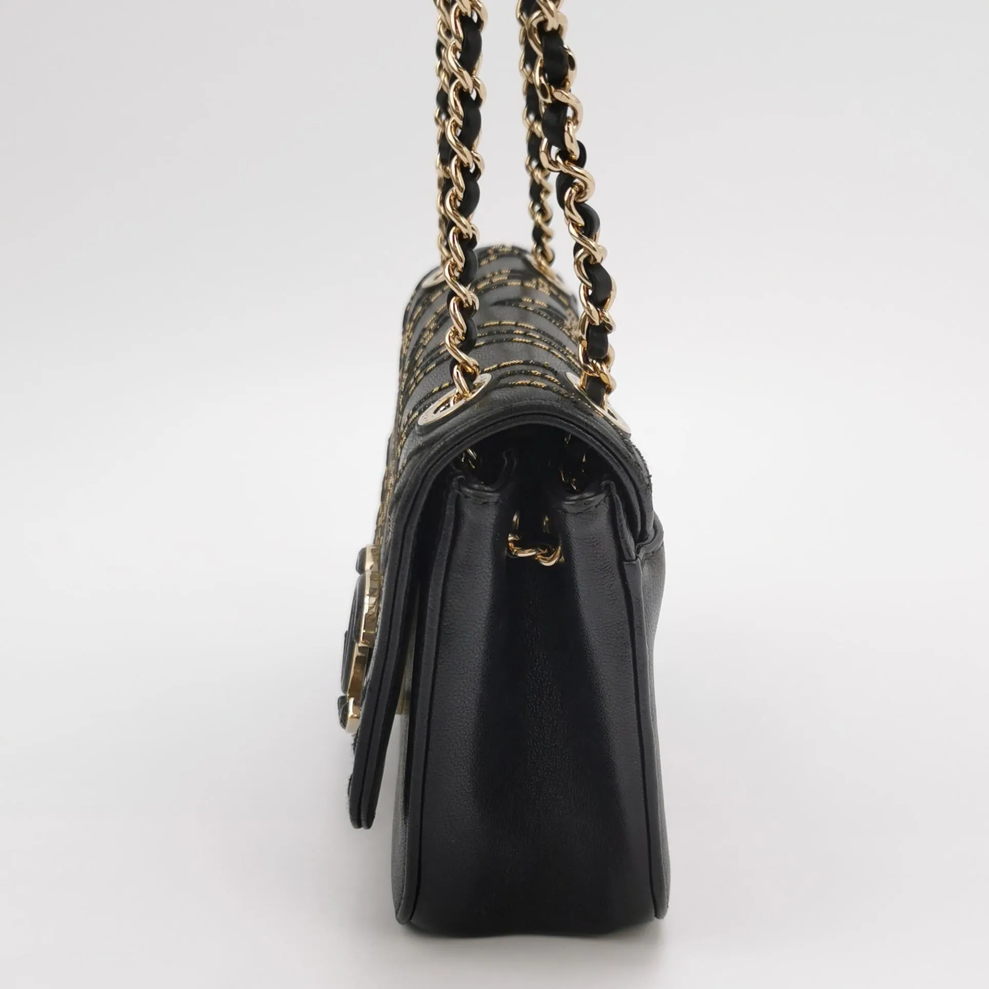 Chanel Chevron Subtle Flap Bag Black Gold Detail