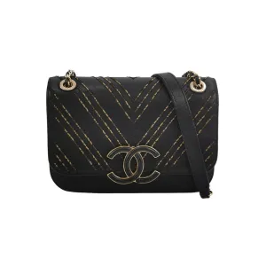 Chanel Chevron Subtle Flap Bag Black Gold Detail