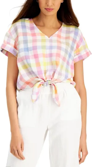 Charter CIub Linen Gingham Tie Front Top Bright White Combo XS