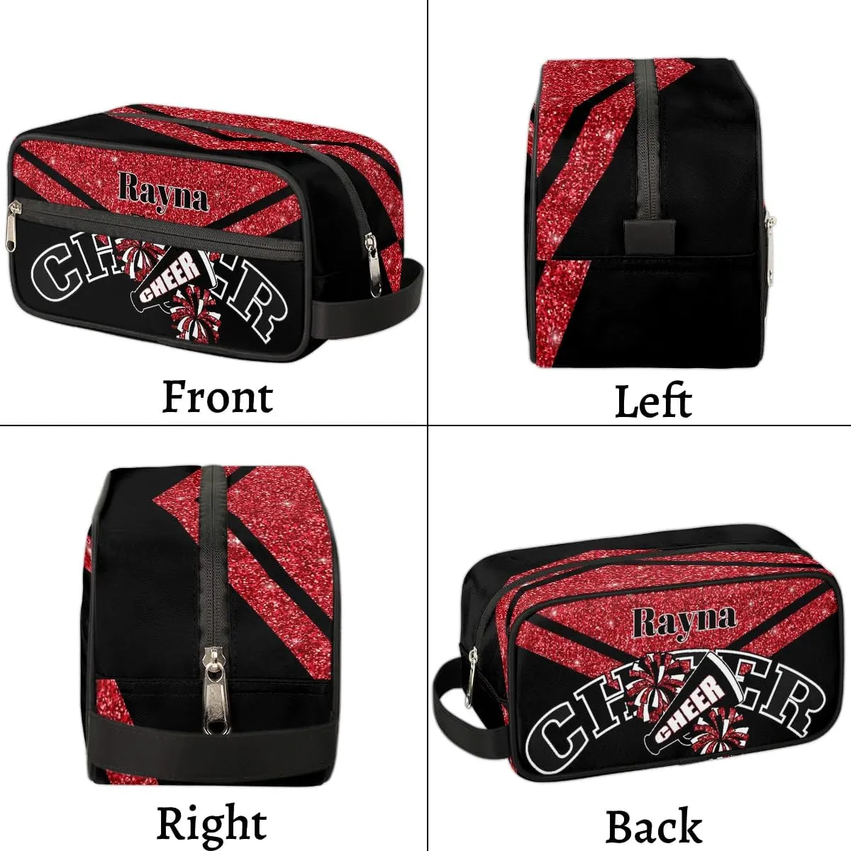 Cheer Personalized Toiletry Bag for Women Waterproof Cheerleader Cosmetic Makeup Bag Bathroom Travel Storage Bags with Handle for Cheer Team, Glitter Red
