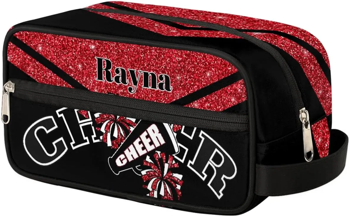 Cheer Personalized Toiletry Bag for Women Waterproof Cheerleader Cosmetic Makeup Bag Bathroom Travel Storage Bags with Handle for Cheer Team, Glitter Red