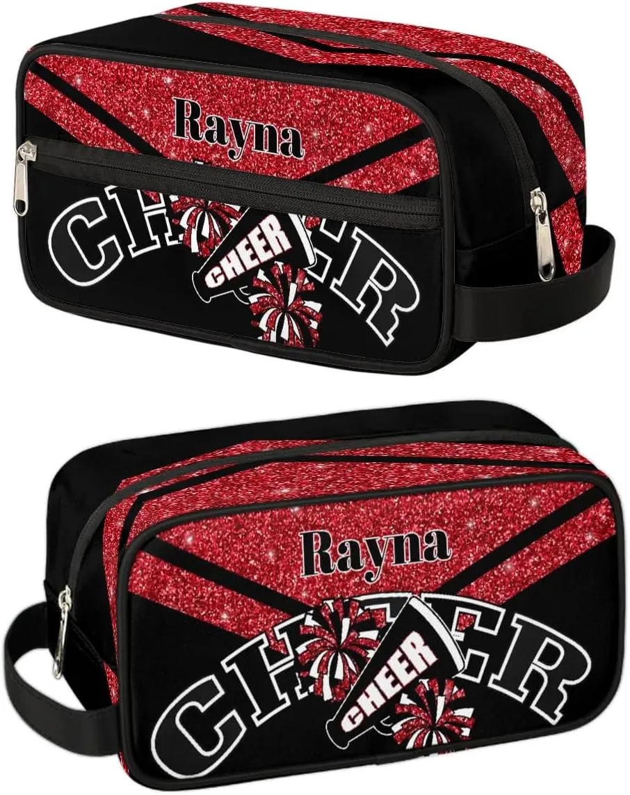 Cheer Personalized Toiletry Bag for Women Waterproof Cheerleader Cosmetic Makeup Bag Bathroom Travel Storage Bags with Handle for Cheer Team, Glitter Red