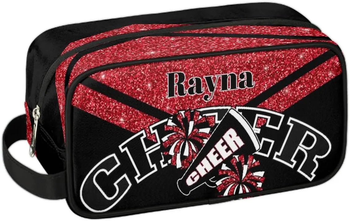 Cheer Personalized Toiletry Bag for Women Waterproof Cheerleader Cosmetic Makeup Bag Bathroom Travel Storage Bags with Handle for Cheer Team, Glitter Red