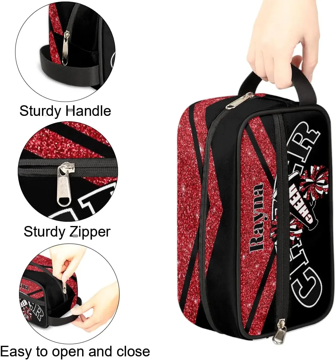 Cheer Personalized Toiletry Bag for Women Waterproof Cheerleader Cosmetic Makeup Bag Bathroom Travel Storage Bags with Handle for Cheer Team, Glitter Red