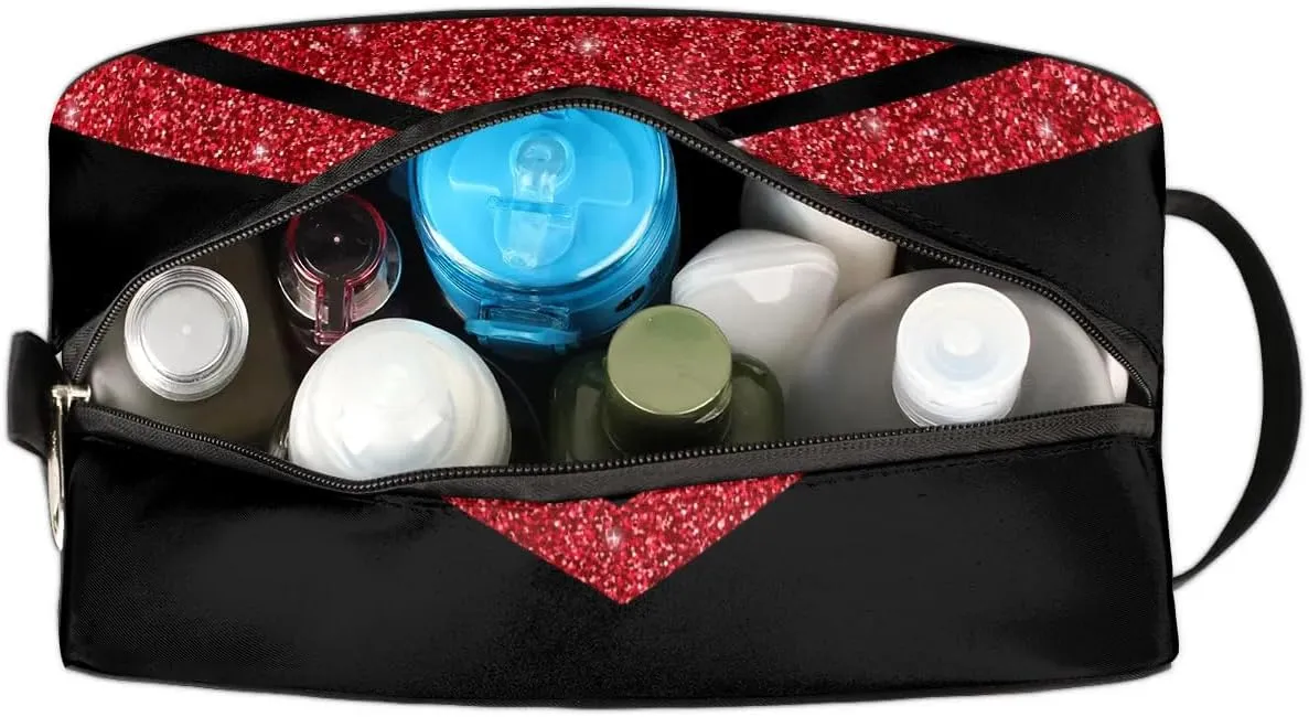 Cheer Personalized Toiletry Bag for Women Waterproof Cheerleader Cosmetic Makeup Bag Bathroom Travel Storage Bags with Handle for Cheer Team, Glitter Red