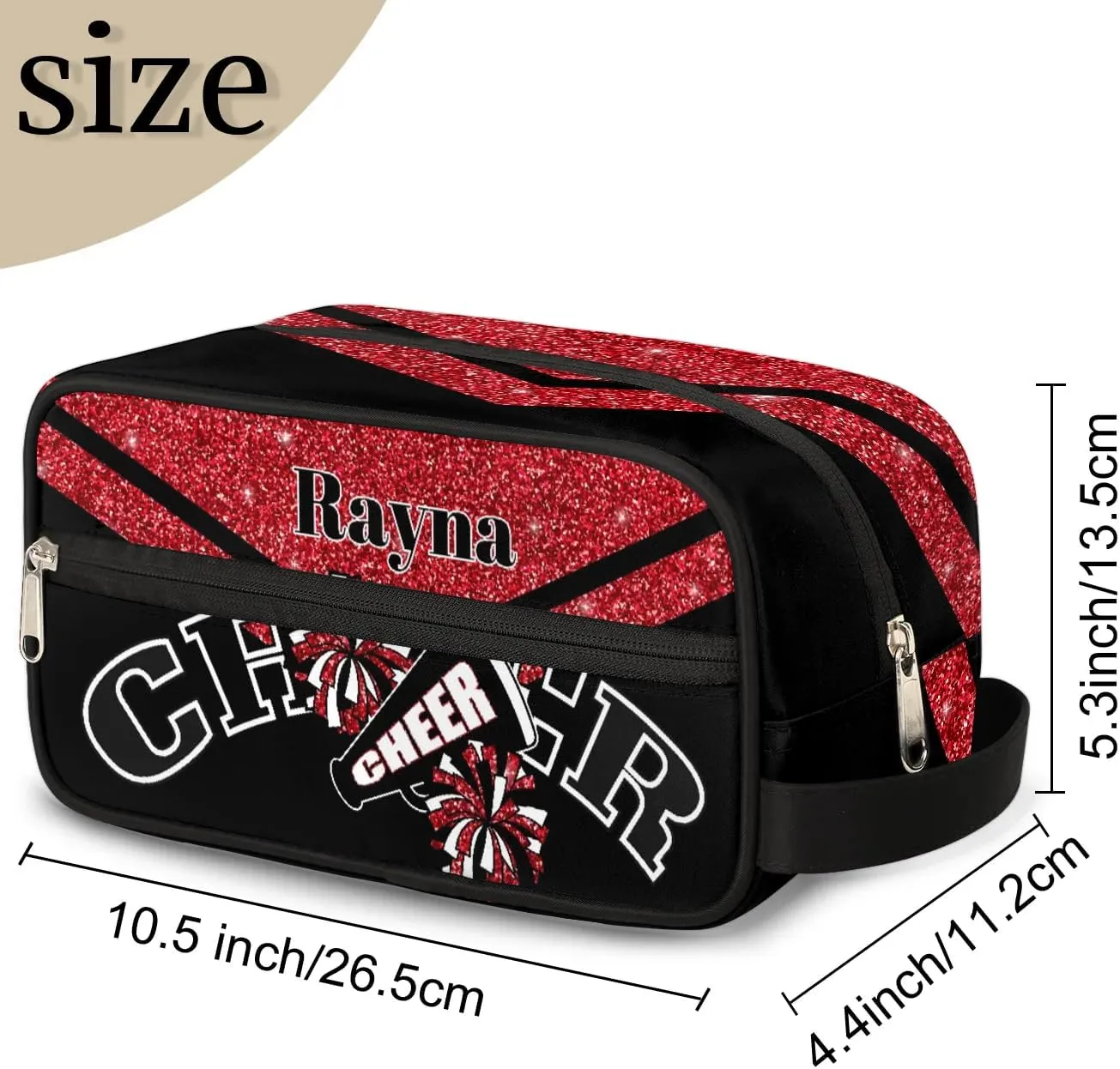 Cheer Personalized Toiletry Bag for Women Waterproof Cheerleader Cosmetic Makeup Bag Bathroom Travel Storage Bags with Handle for Cheer Team, Glitter Red