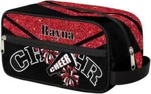 Cheer Personalized Toiletry Bag for Women Waterproof Cheerleader Cosmetic Makeup Bag Bathroom Travel Storage Bags with Handle for Cheer Team, Glitter Red
