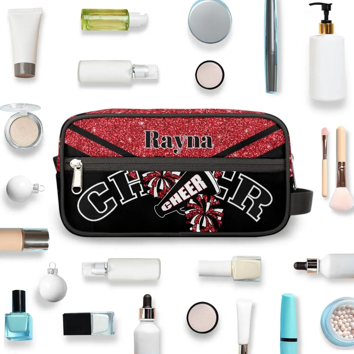 Cheer Personalized Toiletry Bag for Women Waterproof Cheerleader Cosmetic Makeup Bag Bathroom Travel Storage Bags with Handle for Cheer Team, Glitter Red