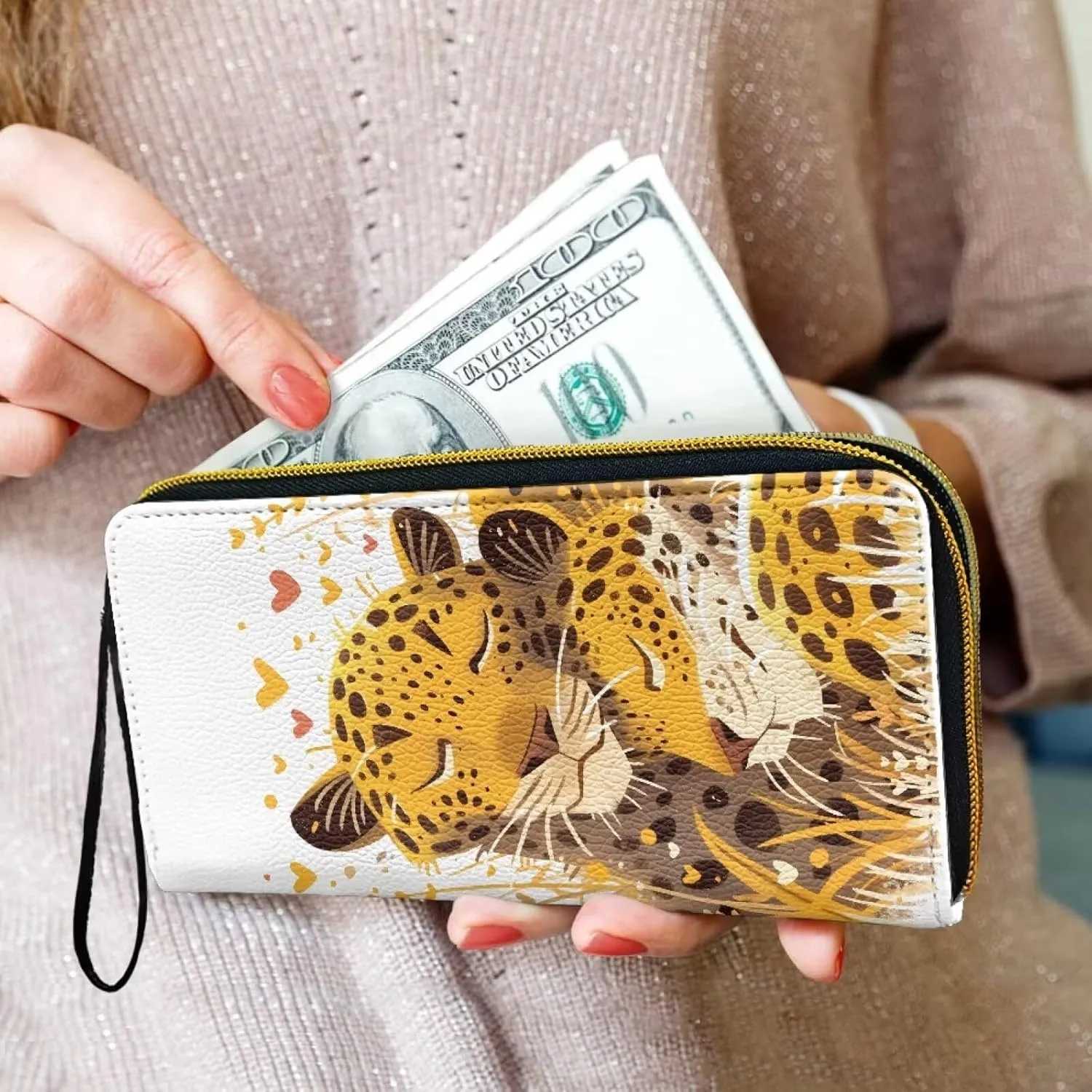 Cheetah Lover Print Women's Long Wallet PU Leather Purse with Card Holder, Animal Leopard Couple Print Zipper Clutch Wristlet Wallet for Travel, Work, Shopping