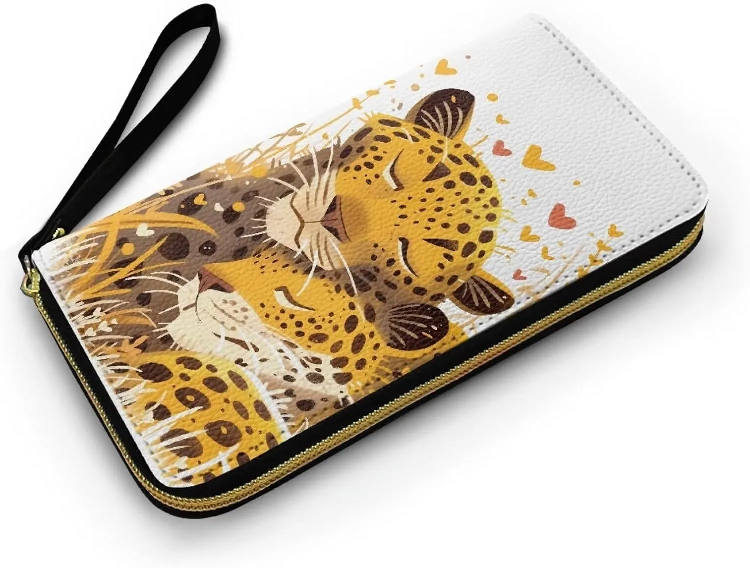 Cheetah Lover Print Women's Long Wallet PU Leather Purse with Card Holder, Animal Leopard Couple Print Zipper Clutch Wristlet Wallet for Travel, Work, Shopping