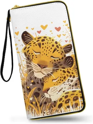 Cheetah Lover Print Women's Long Wallet PU Leather Purse with Card Holder, Animal Leopard Couple Print Zipper Clutch Wristlet Wallet for Travel, Work, Shopping