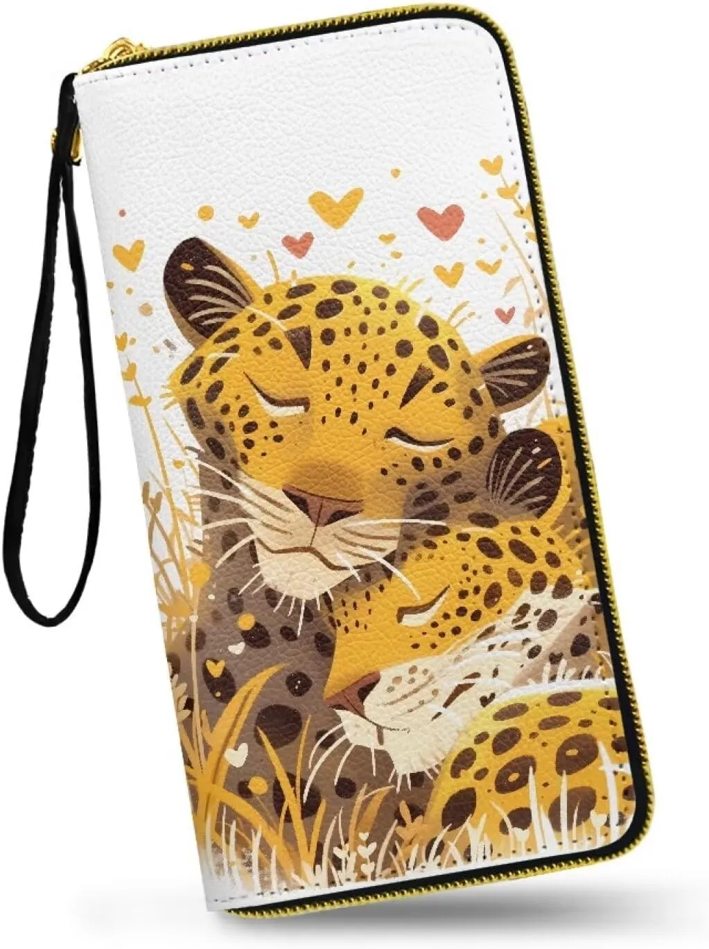 Cheetah Lover Print Women's Long Wallet PU Leather Purse with Card Holder, Animal Leopard Couple Print Zipper Clutch Wristlet Wallet for Travel, Work, Shopping