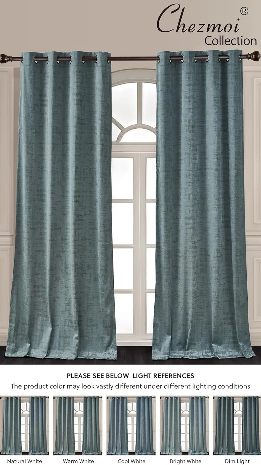 Chezmoi Collection Parker Premium Textured Velvet Grommet Window Curtain Set - 2 Panels with 2 Tiebacks, Room Darkening Window Treatment, 50" W x 96" L, Sky Blue