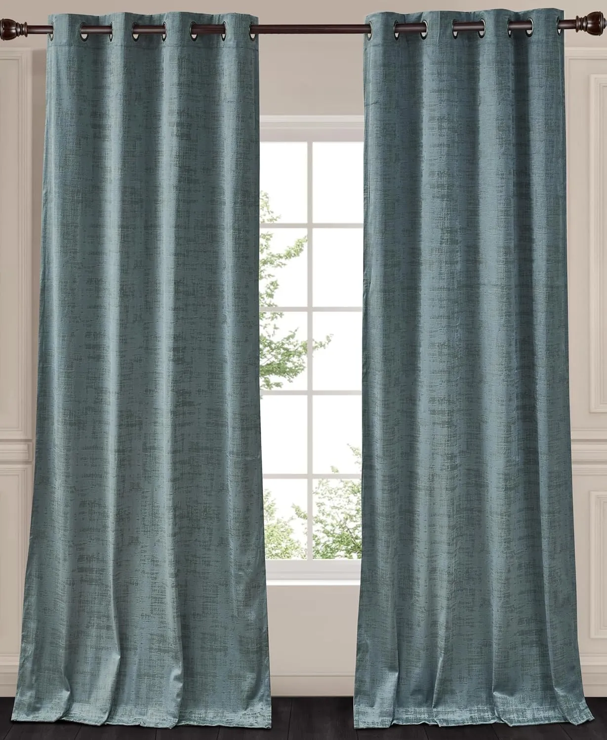 Chezmoi Collection Parker Premium Textured Velvet Grommet Window Curtain Set - 2 Panels with 2 Tiebacks, Room Darkening Window Treatment, 50" W x 96" L, Sky Blue