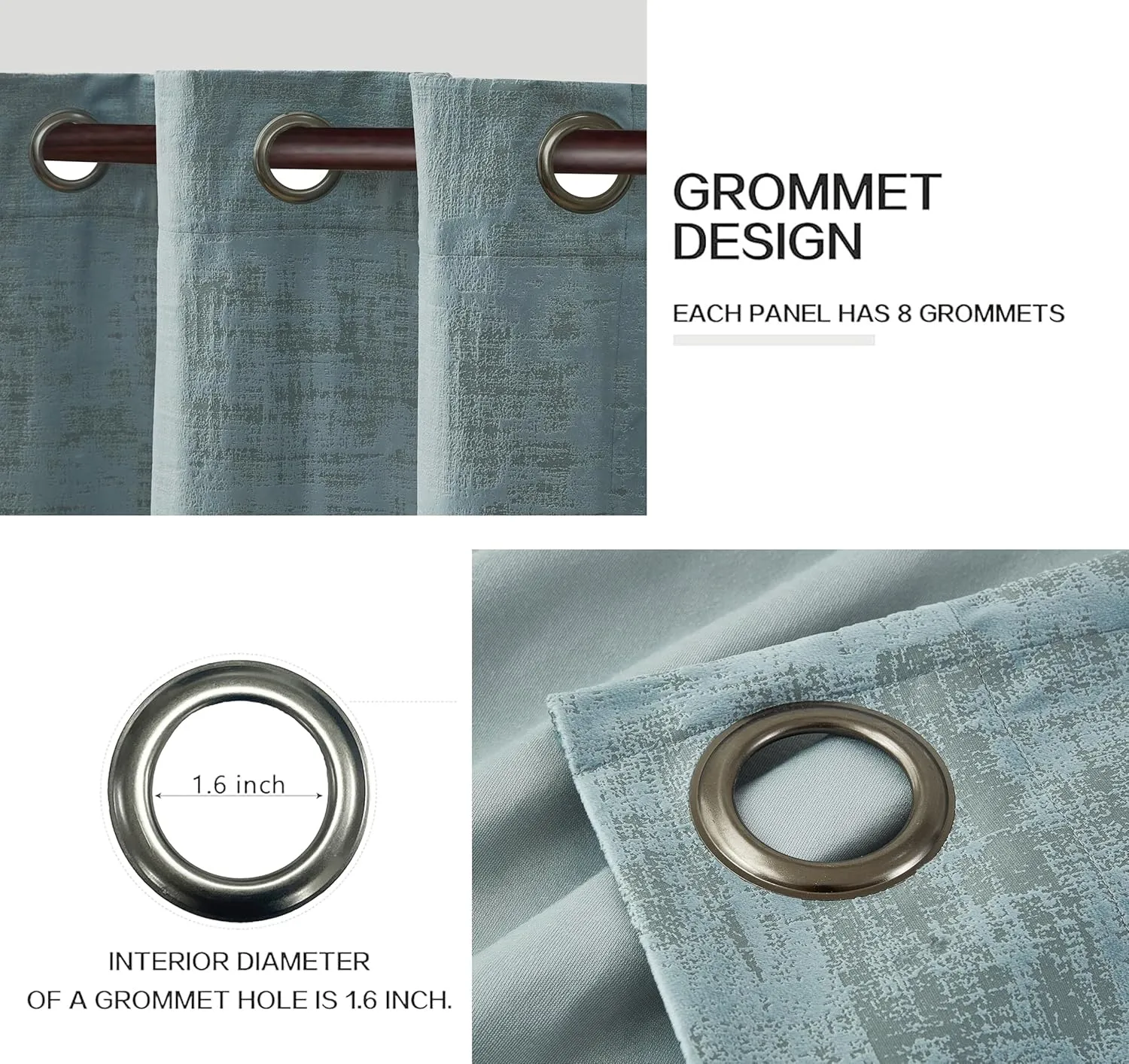 Chezmoi Collection Parker Premium Textured Velvet Grommet Window Curtain Set - 2 Panels with 2 Tiebacks, Room Darkening Window Treatment, 50" W x 96" L, Sky Blue