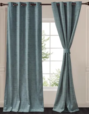 Chezmoi Collection Parker Premium Textured Velvet Grommet Window Curtain Set - 2 Panels with 2 Tiebacks, Room Darkening Window Treatment, 50" W x 96" L, Sky Blue