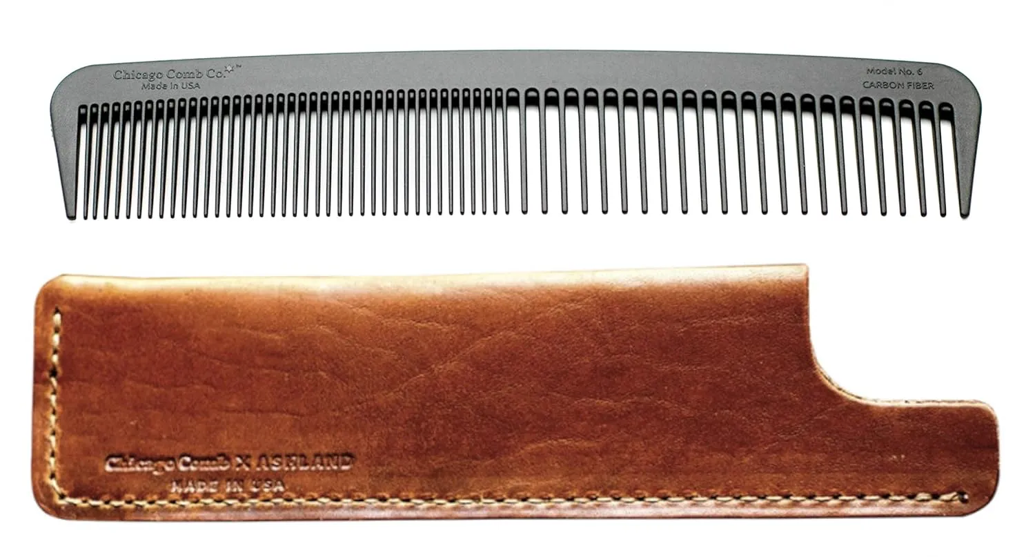 Chicago Comb Model 6 Carbon Fiber Comb   English Tan Horween leather sheath, Made in USA, ultimate styling comb, for men & women, smooth strong & light, anti-static, premium leather sheath