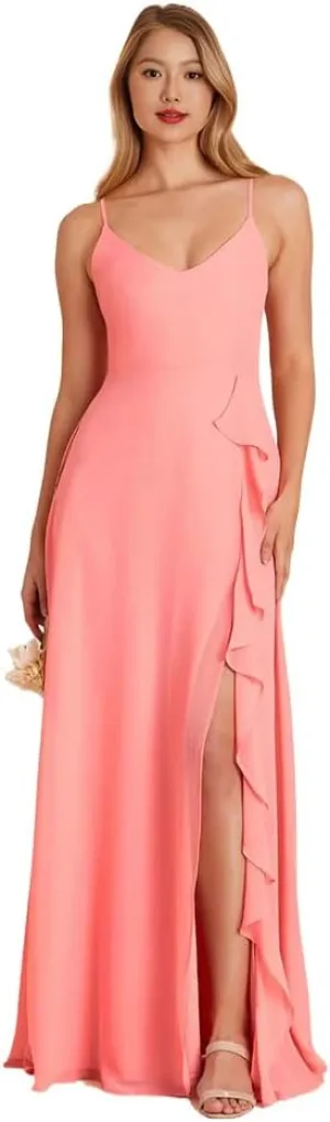 Chiffon Bridesmaid Dresses Spaghetti Straps Formal Dresses for Women with Cascade Ruffle