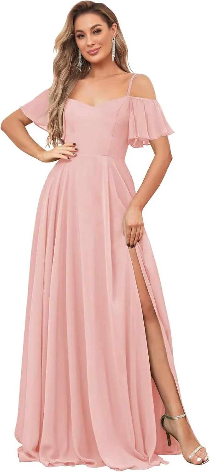 Chiffon Cold Shoulder Bridesmaid Dresses for Women Ruffle Sleeve Long Formal Wedding Evening Gowns with Slit