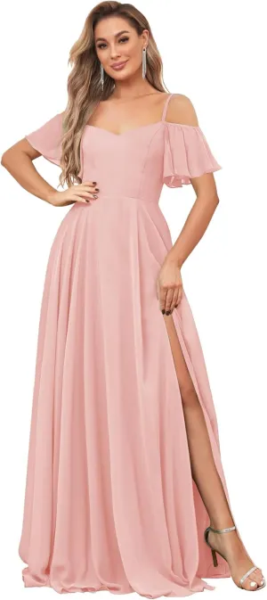 Chiffon Cold Shoulder Bridesmaid Dresses for Women Ruffle Sleeve Long Formal Wedding Evening Gowns with Slit