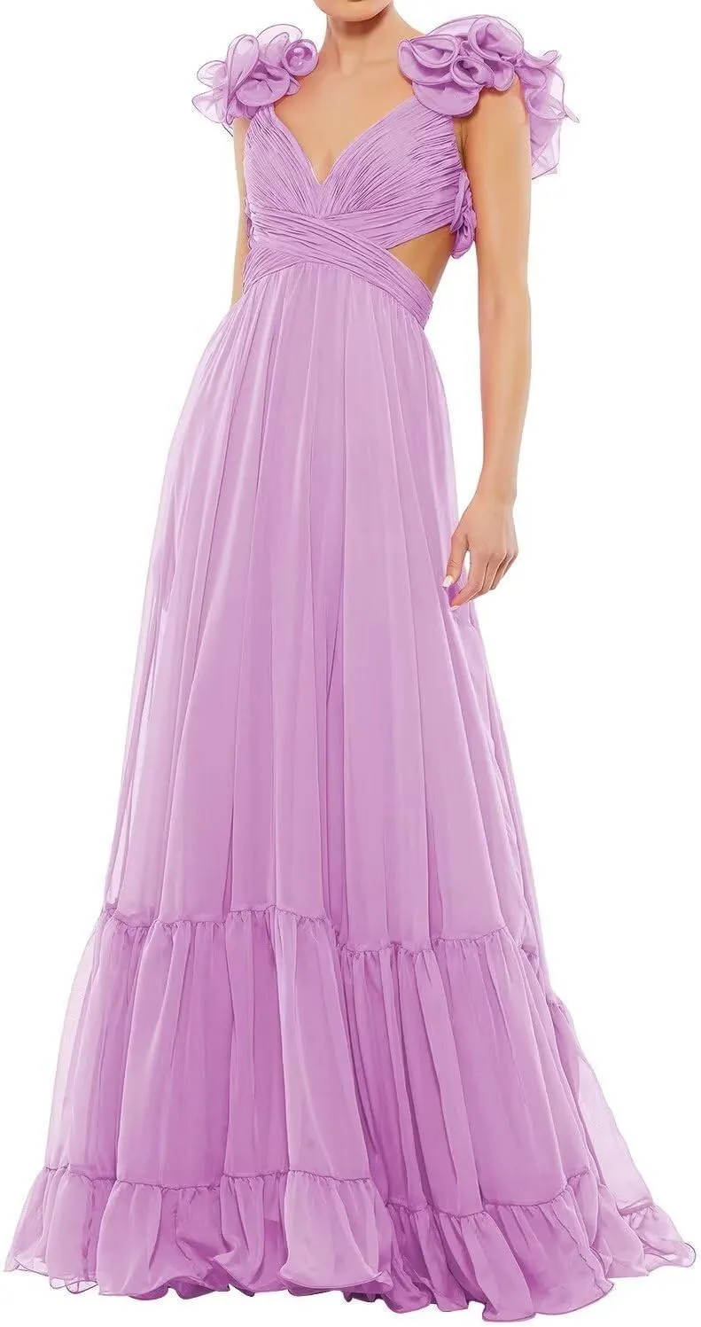 Chiffon Prom Dress for Women A Line Ruffle Bridesmaid Dresses Tiered Backless Formal Evening Gowns BU049