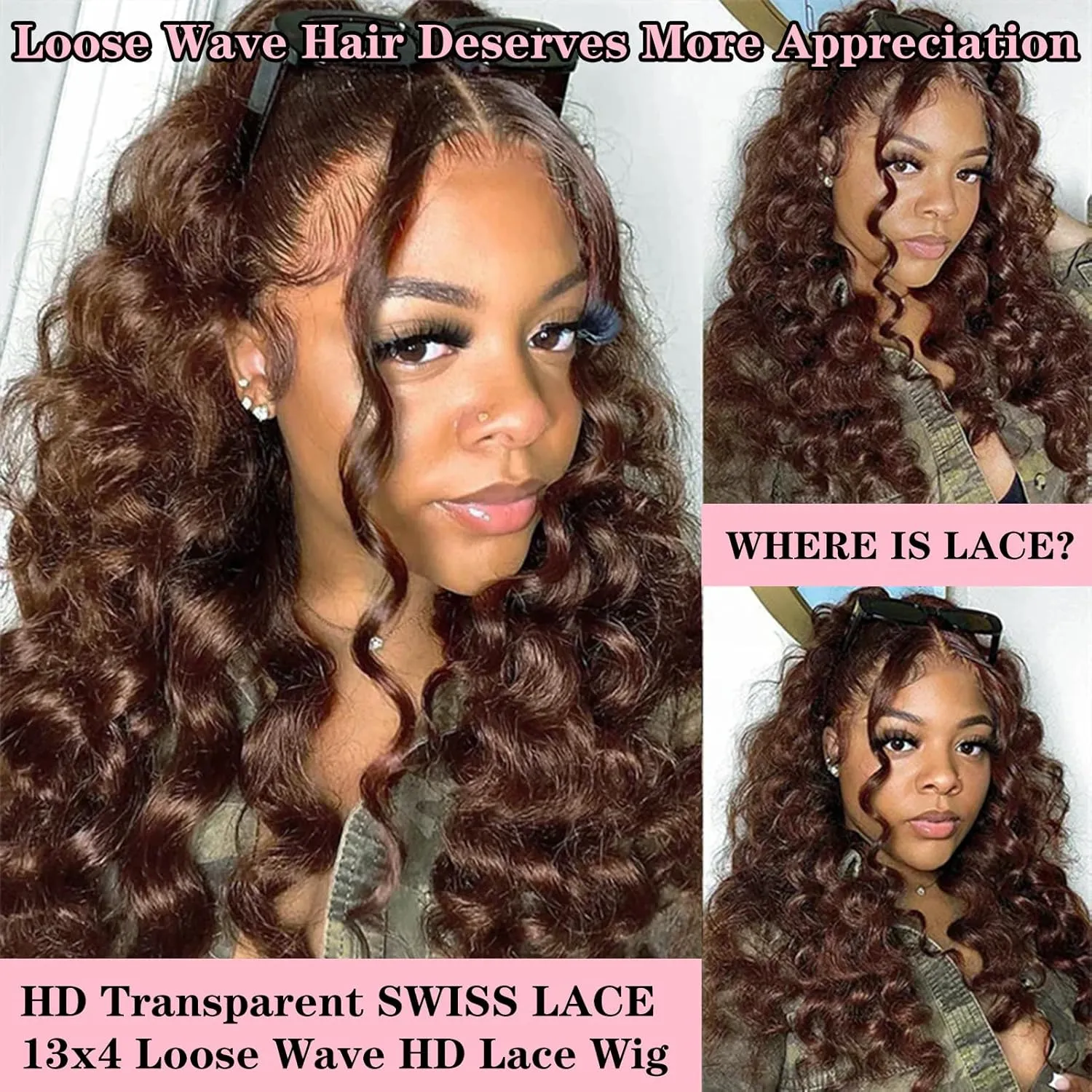 Chocolate Brown 250% Density 13x4 Full Lace Front Wigs Human Hair Loose Wave 15A HD Colored Lace Frontal Wig Pre Plucked with Baby Hair Brown Loose Deep Wave Wig Human Hair Wigs for Black Women