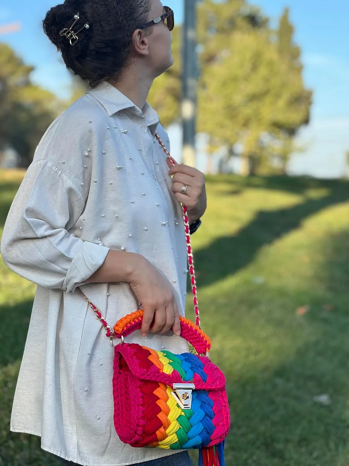 CHQEL Evening Clutch Bag for Women, Handmade Crochet Wedding Party Purse, Small Flap Formal Crossbody Handbag Evening Clutch