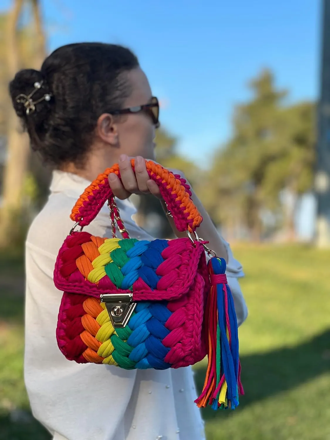 CHQEL Evening Clutch Bag for Women, Handmade Crochet Wedding Party Purse, Small Flap Formal Crossbody Handbag Evening Clutch