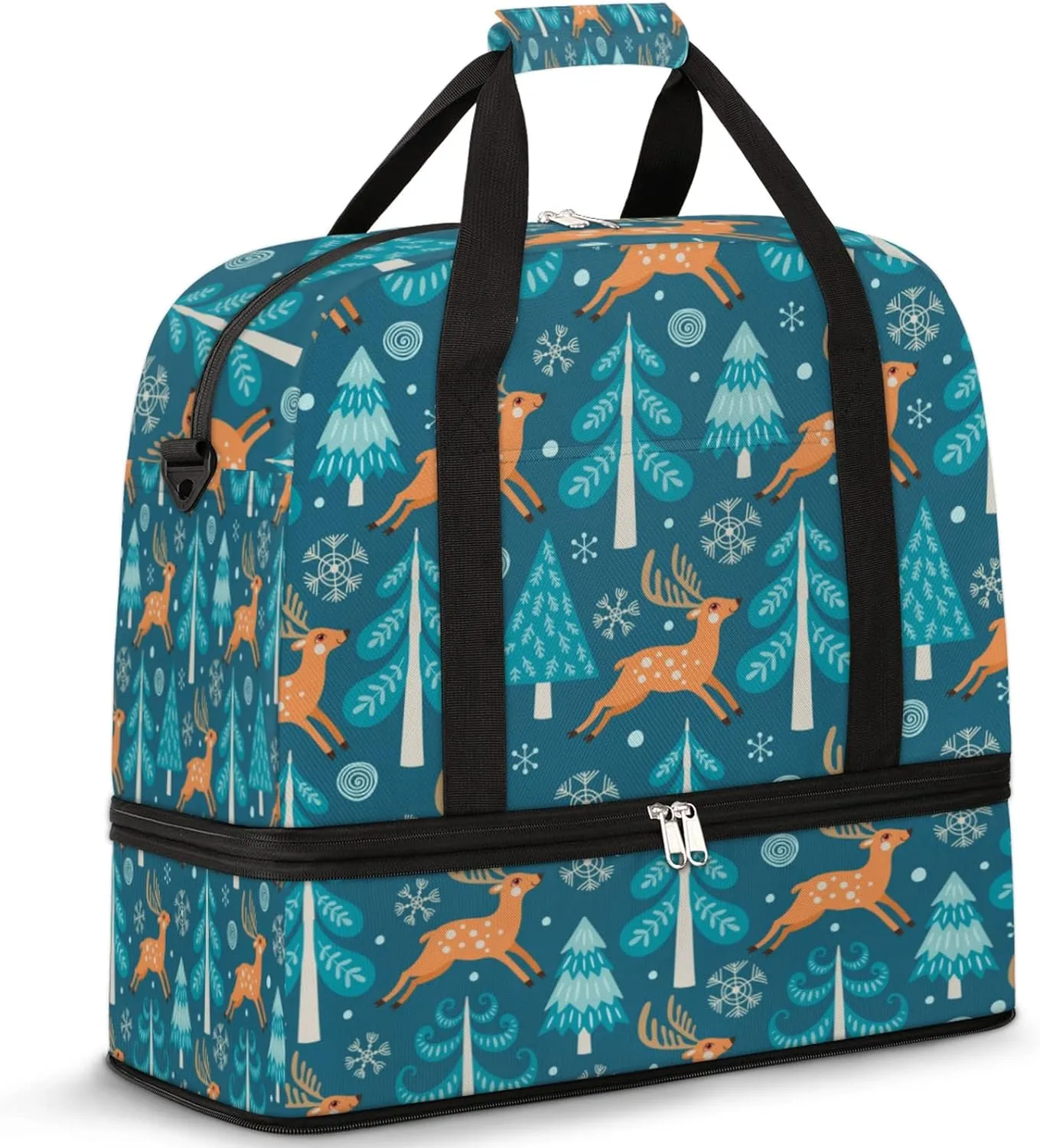 Christmas Reindeer Forest Tree Foldable Travel Duffel Bag Tote Carry on Luggage Sport Duffle for Women Men Gym Bag Overnight Weekender Bags with Shoe Compartments & Shoulder Strap