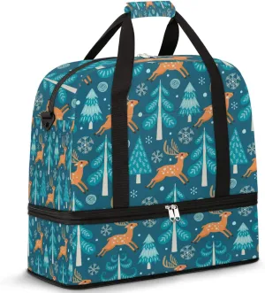 Christmas Reindeer Forest Tree Foldable Travel Duffel Bag Tote Carry on Luggage Sport Duffle for Women Men Gym Bag Overnight Weekender Bags with Shoe Compartments & Shoulder Strap