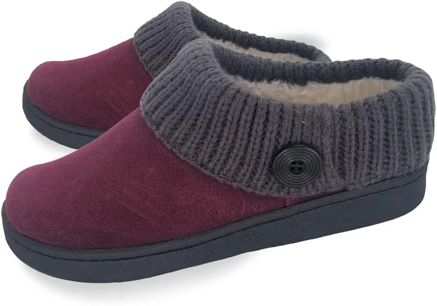 Clarks Womens Suede Leather Comfort Clog Knitted Collar Slipper - Plush Faux Fur Trim - Indoor Outdoor House Slippers For Women (Burgundy/Grey 10M)