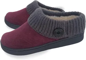 Clarks Womens Suede Leather Comfort Clog Knitted Collar Slipper - Plush Faux Fur Trim - Indoor Outdoor House Slippers For Women (Burgundy/Grey 10M)