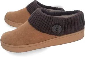 Clarks Womens Suede Leather Comfort Clog Knitted Collar Slipper - Plush Faux Fur Trim - Indoor Outdoor House Slippers For Women (Cinnamon/Brown 9M)