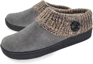 Clarks Womens Suede Leather Comfort Clog Knitted Collar Slipper - Plush Faux Fur Trim - Indoor Outdoor House Slippers For Women (Grey/Beige 8M)