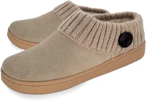 Clarks Womens Suede Leather Comfort Clog Knitted Collar Slipper - Plush Faux Fur Trim - Indoor Outdoor House Slippers For Women (Stone/Stone Gold 10M)