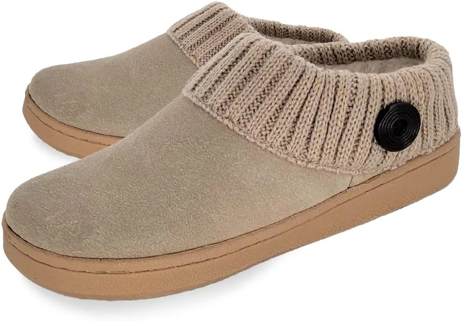 Clarks Womens Suede Leather Comfort Clog Knitted Collar Slipper - Plush Faux Fur Trim - Indoor Outdoor House Slippers For Women (Stone/Stone Gold 10M)
