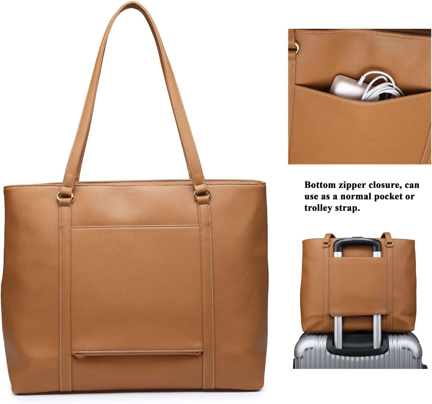 Classic Laptop Leather Tote Bag for 15 15.6 inch Notebook Computers Travel Carrying Bag with Smart Trolley Strap Design - Light Brown