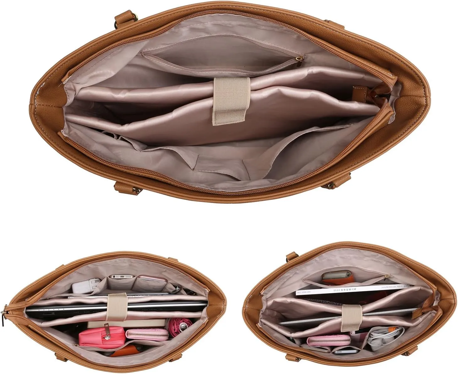 Classic Laptop Leather Tote Bag for 15 15.6 inch Notebook Computers Travel Carrying Bag with Smart Trolley Strap Design - Light Brown