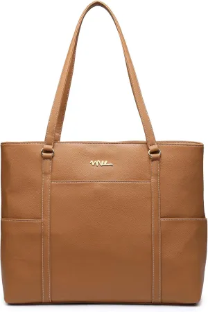 Classic Laptop Leather Tote Bag for 15 15.6 inch Notebook Computers Travel Carrying Bag with Smart Trolley Strap Design - Light Brown
