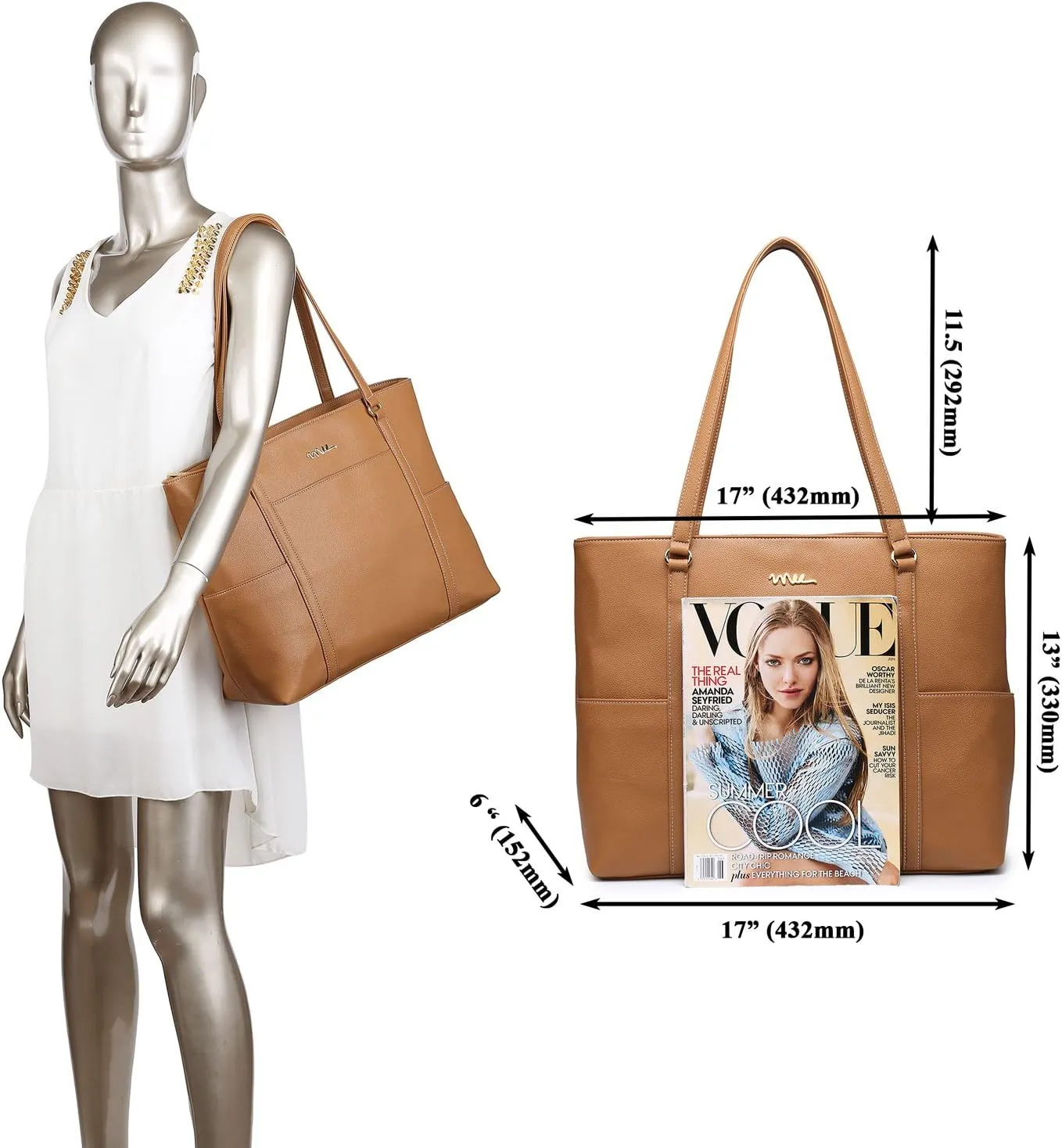 Classic Laptop Leather Tote Bag for 15 15.6 inch Notebook Computers Travel Carrying Bag with Smart Trolley Strap Design - Light Brown