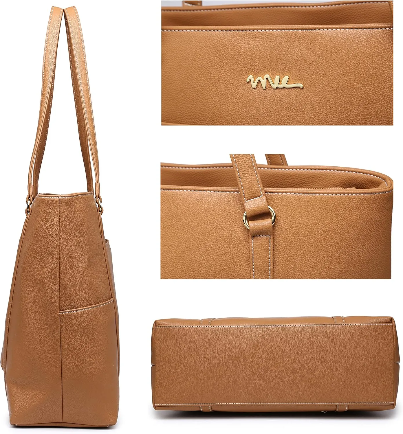 Classic Laptop Leather Tote Bag for 15 15.6 inch Notebook Computers Travel Carrying Bag with Smart Trolley Strap Design - Light Brown