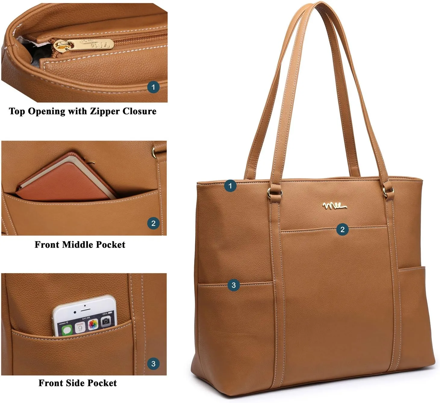 Classic Laptop Leather Tote Bag for 15 15.6 inch Notebook Computers Travel Carrying Bag with Smart Trolley Strap Design - Light Brown
