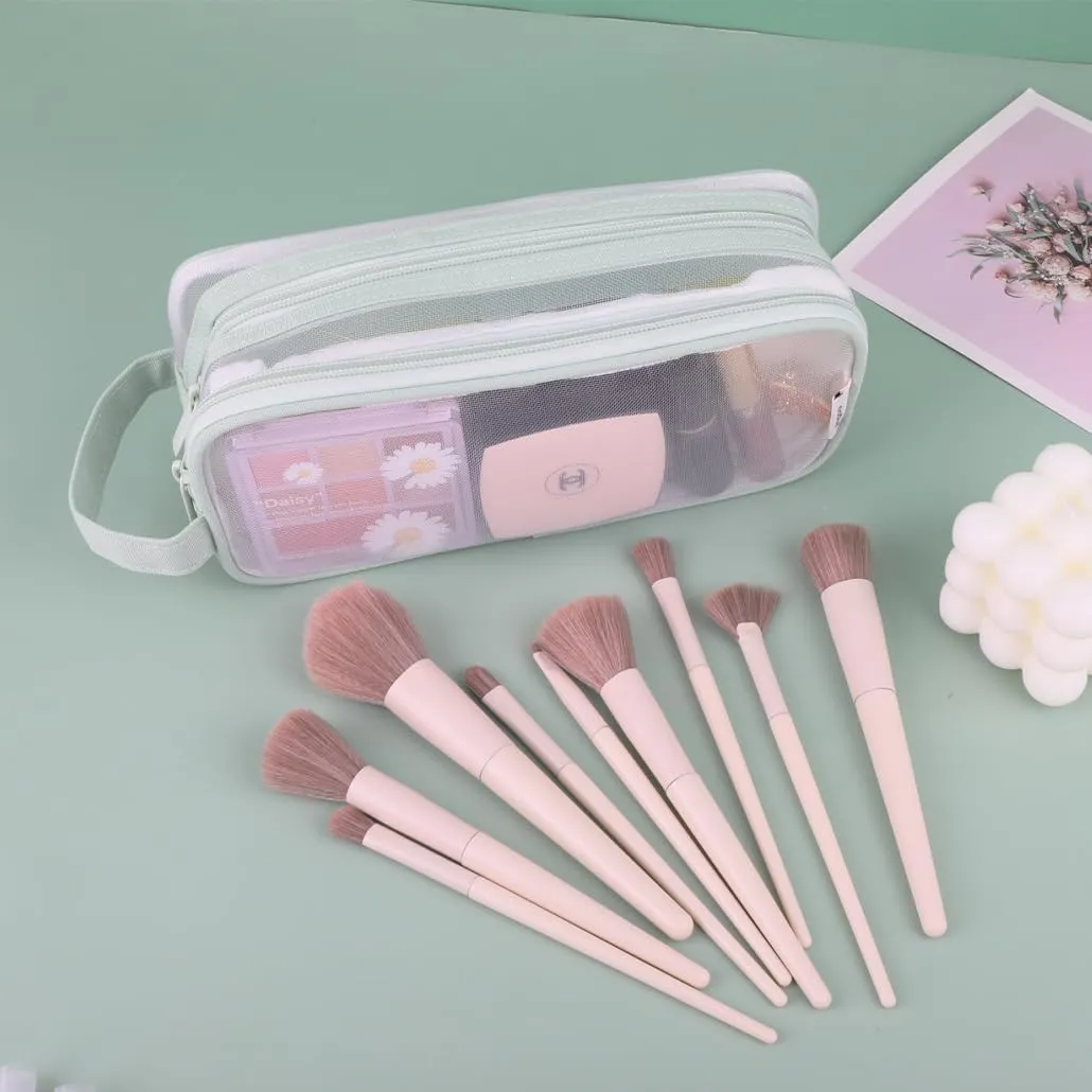 Clear Cosmetic Bag, Travel Makeup Bag, Pencil Case Transparent Pen Case Portable Make Up Organizer for Adult Teen Women Purse for Toiletries Accessories Brushes (Green)